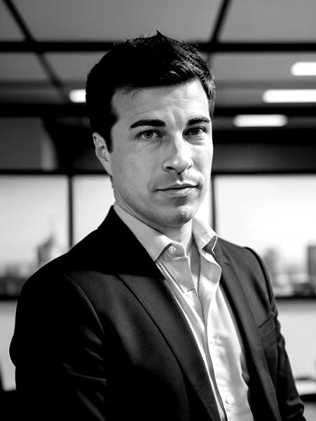 Black and white photo of a young man in a suit, standing inside a modern office building with windows in the background.