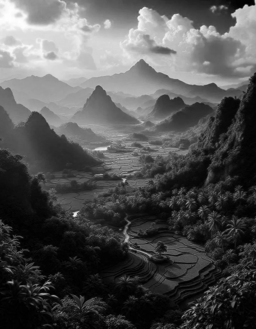 Black and white landscape photo of terraced rice fields surrounded by mountains and lush vegetation, with clouds in the sky.