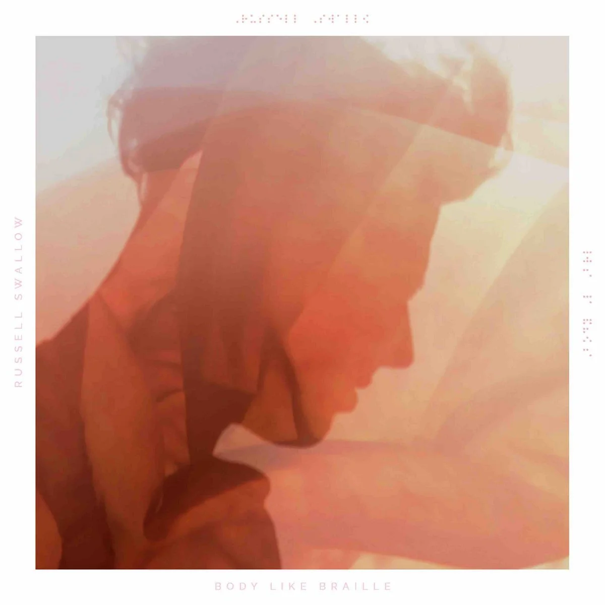 A close-up photo of a person's side profile with a warm, reddish lighting effect, featuring a contemplative expression. The image has a soft, artistic filter with text overlays including "RUSSELL SWALLOW" on the left and "BODY LIKE BRAILLE" on the bottom.