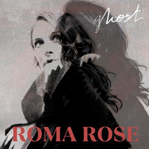 Black and white photo of a woman with wavy hair, looking contemplative, with the word 'ghost' in white cursive and red text reading 'ROMA ROSE' at the bottom.