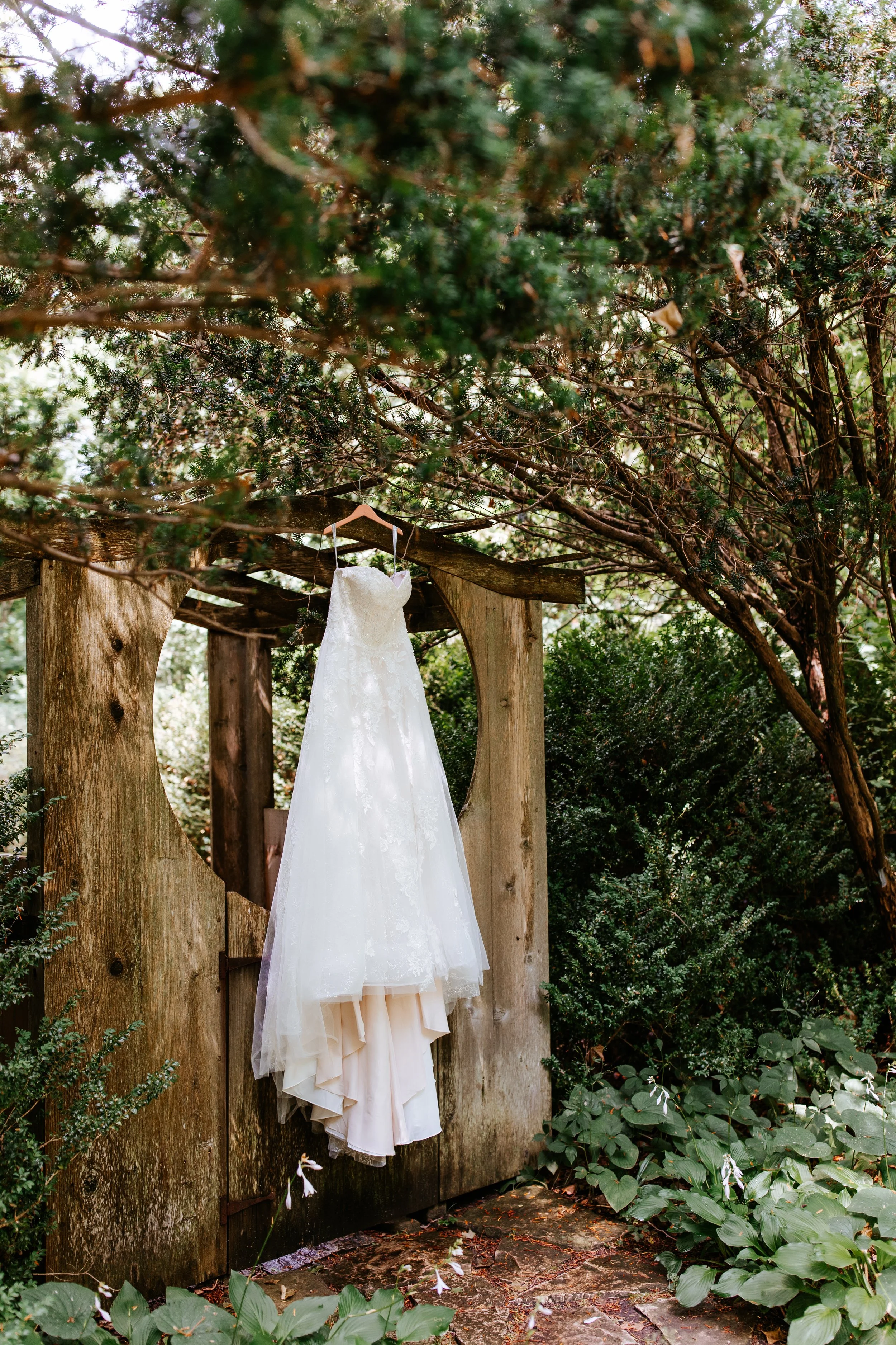 A white wedding dress hanging on a wooden gate surrounded by greenery.