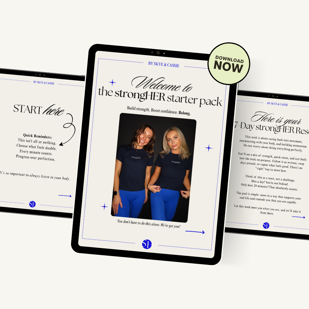 Digital brochure titled 'Welcome to the strongHER starter pack' featuring two women in navy blue shirts and blue leggings, with text about building strength and confidence.
