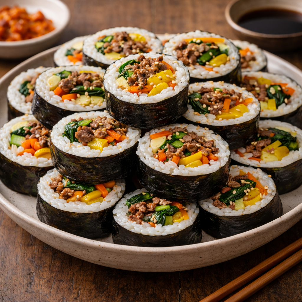 A plate of sliced Korean sushi rolls filled with rice, beef, carrots, spinach, and yellow bell peppers, topped with sesame seeds. A small bowl of soy sauce and a bowl of kimchi are in the background on a wooden table.