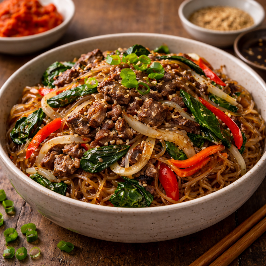 Bowl of Asian stir-fried noodles with beef, red bell peppers, onions, bok choy, and sesame seeds, with side dishes of sauces and seasonings on a wooden table.