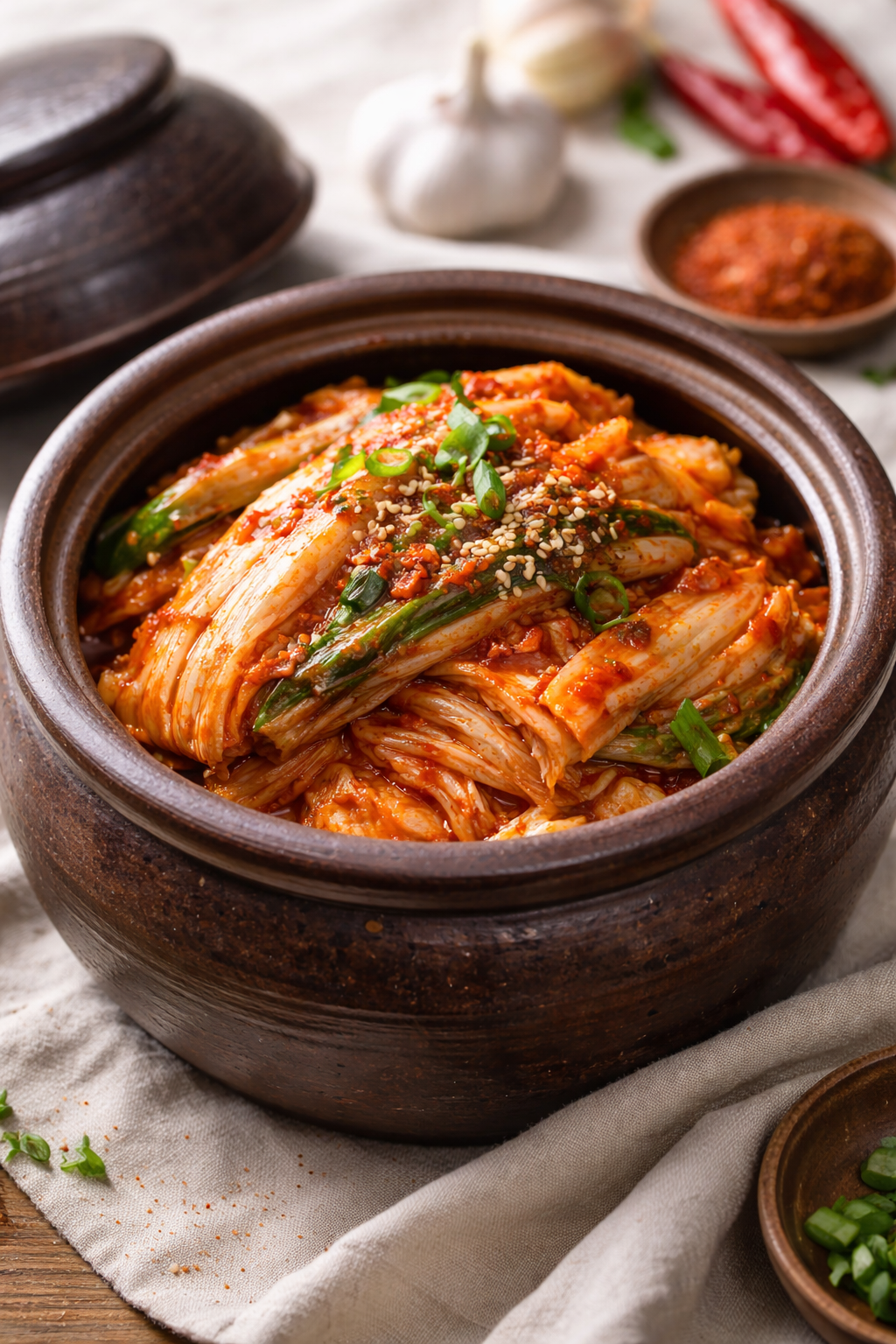 A bowl of kimchi with chopped green onions and sesame seeds, on a rustic cloth with garlic, chili peppers, and spices in the background.