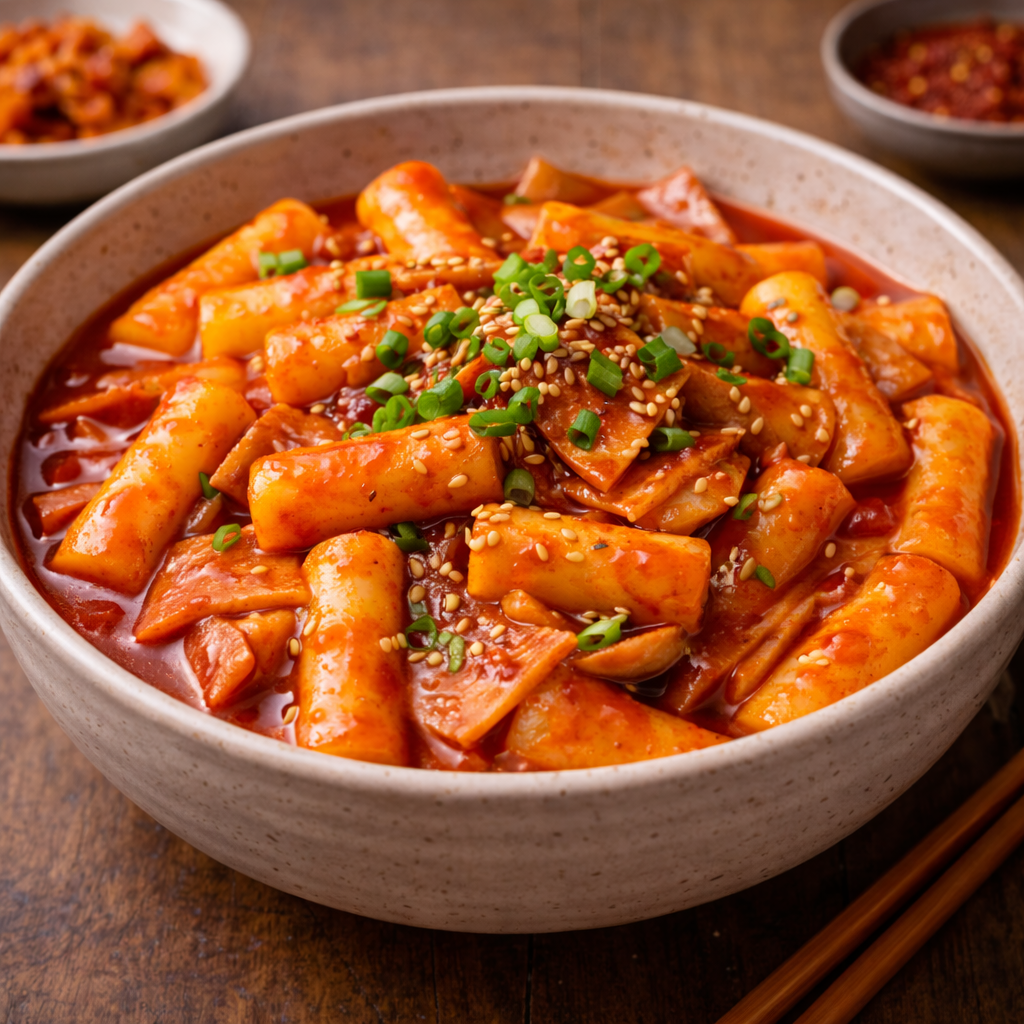 A bowl of Korean spicy rice cakes (tteokbokki) garnished with chopped green onions and sesame seeds.