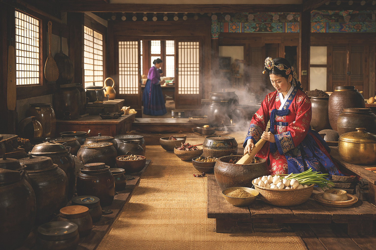 A woman in traditional Korean hanbok preparing food in a historical kitchen, with another woman in the background.