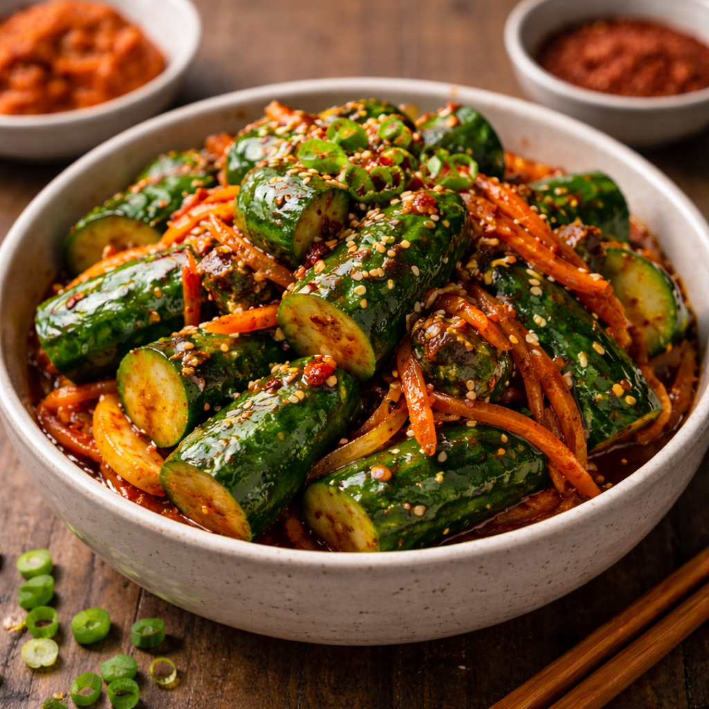 A bowl of spicy cucumber kimchi garnished with sesame seeds and green onions, with small bowls of dipping sauces in the background.