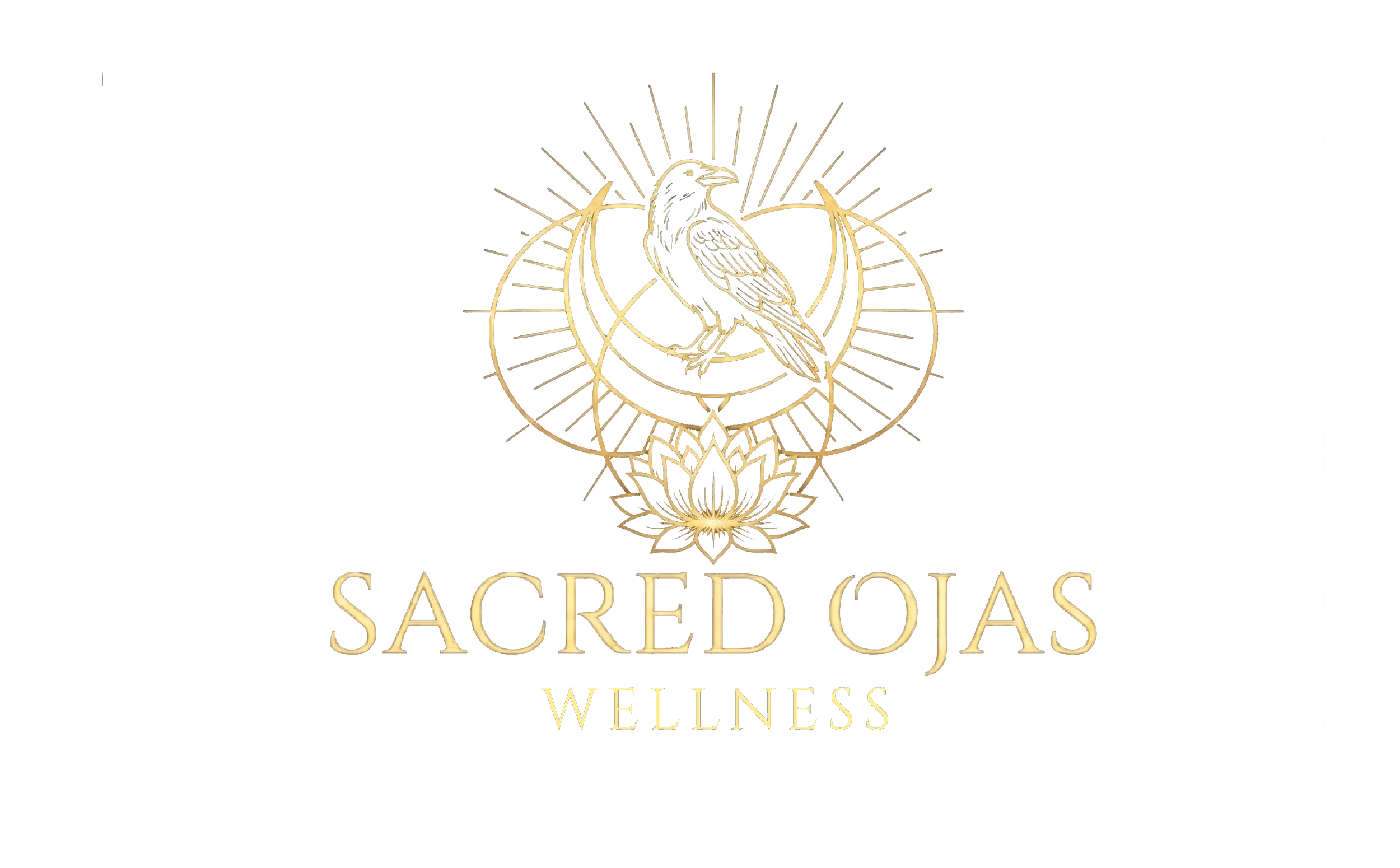 Gold and black logo with a raven inside a geometric frame, surrounded by rays and lotus flower, with text 'Sacred Ojas Wellness' beneath.
