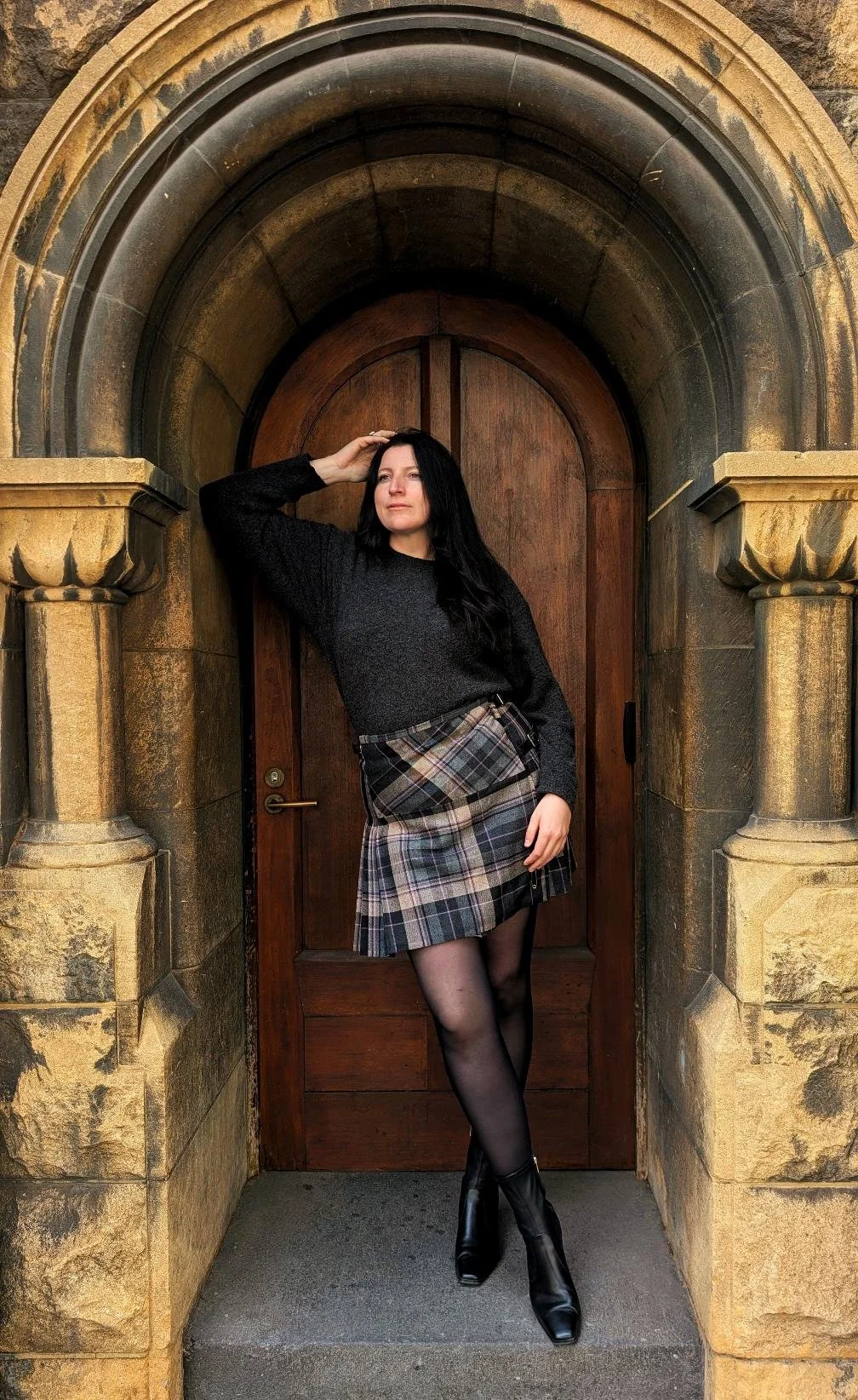Kacey in her bespoke Clunie Charcoal Kilt