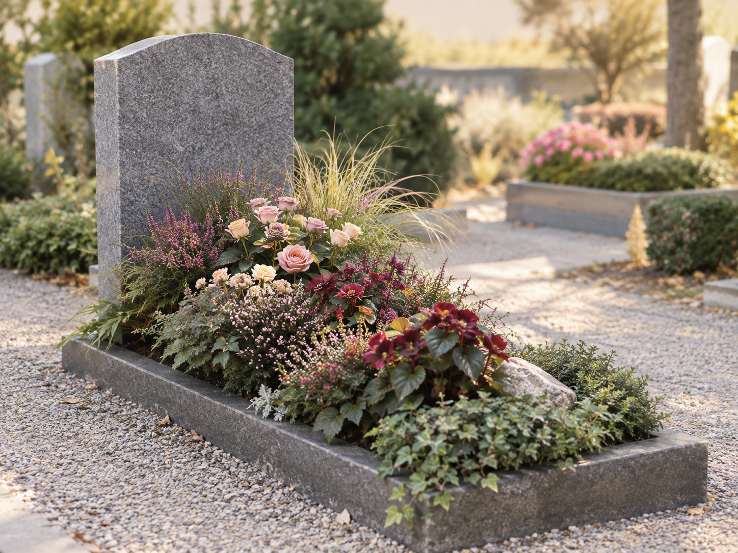 Granitgrabstein mit bunten Blumen und Pflanzen im Friedhof, herbstliche Atmosphäre