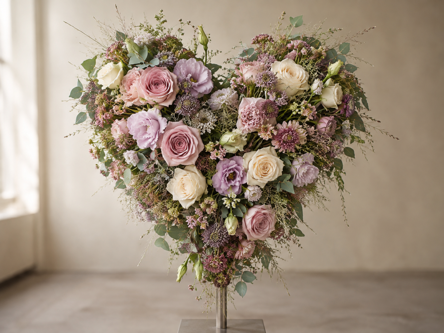Blumenstrauß in Herzform mit rosa, weißen und lila Blumen, Eukalyptus, auf einem Blumenständer, vor einer neutralen Wand. 