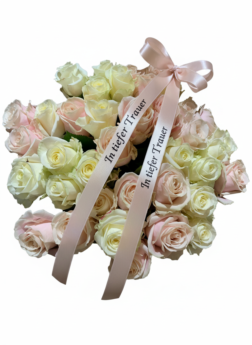 Trauerblumenstrauß mit weißen und zarten rosé Rosen, verziert mit einem rosa Band mit der Aufschrift ‚In tiefer Trauer‘.