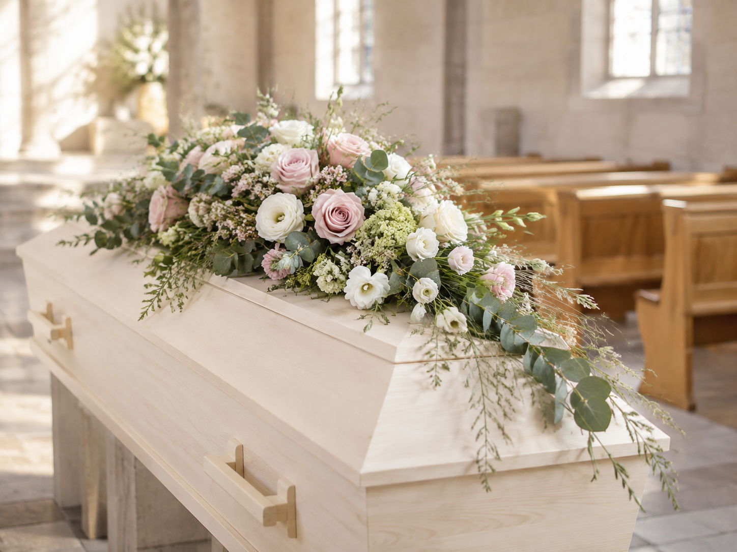 Blumengesteck auf einem offenen Sarg in einer Kirche, wahrscheinlich für eine Beerdigung