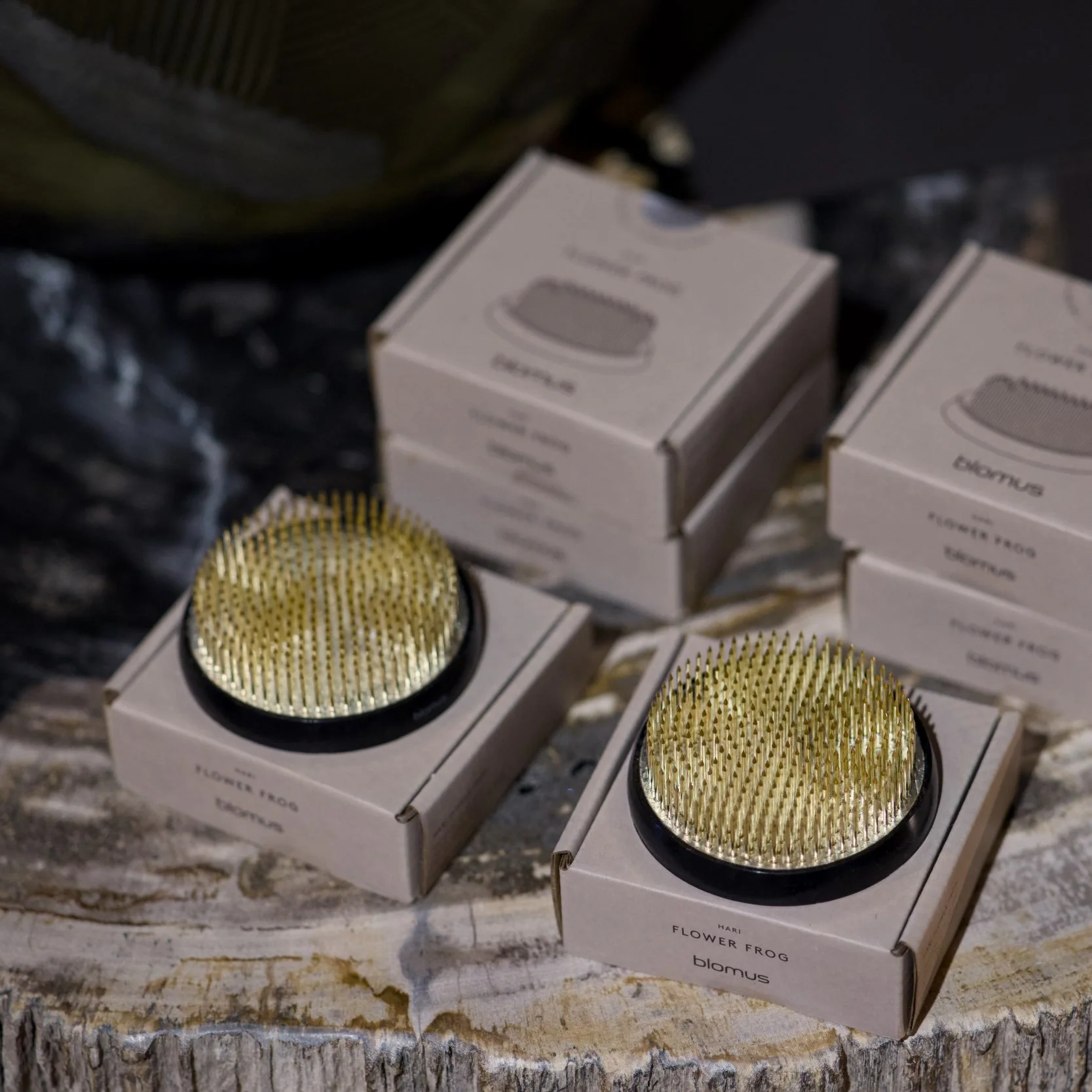 Mehrere kleine goldene Kegel auf weißen Boxen mit schwarzem Rand, die auf einem Holzoberfläche stehen.