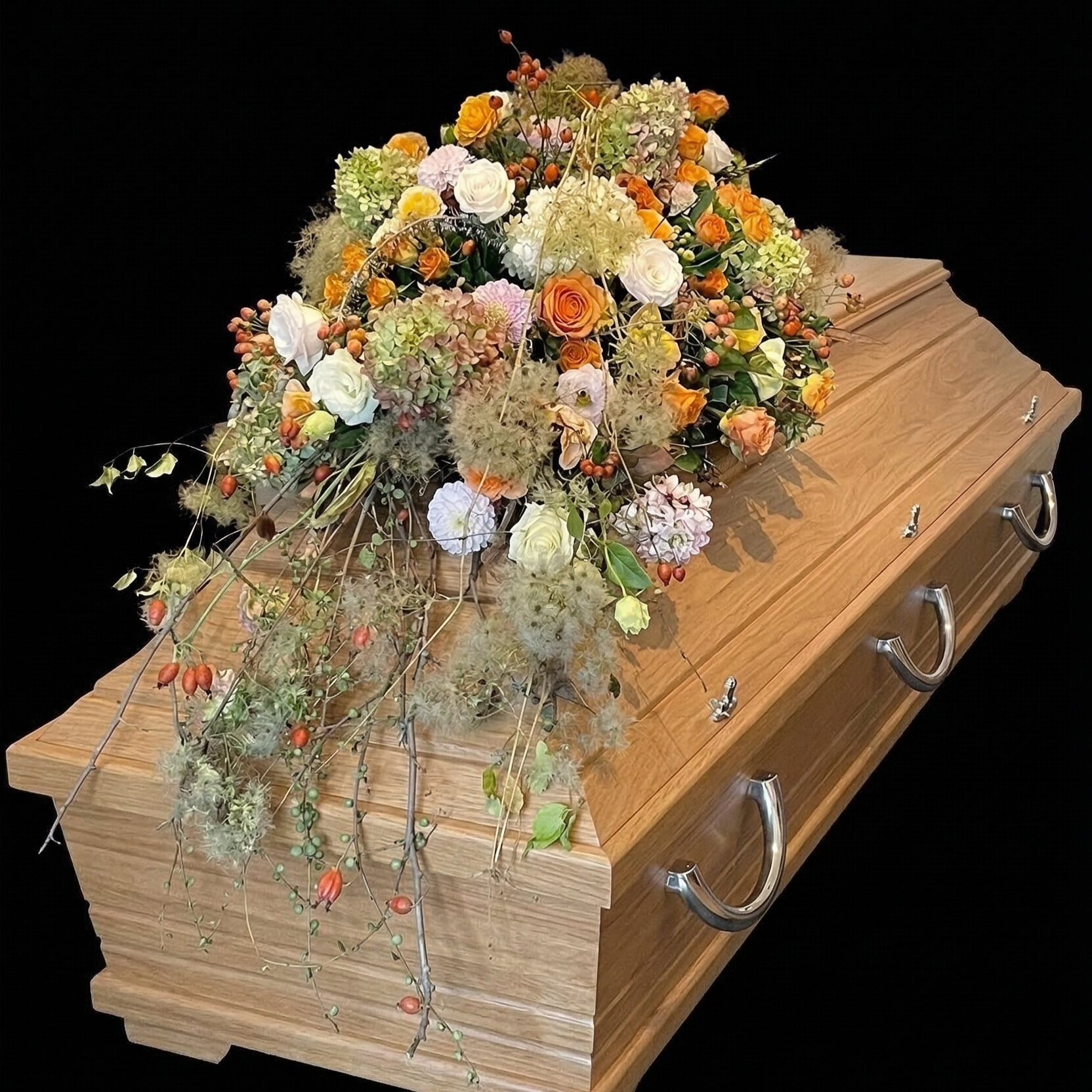 Blumengesteck auf einem Holzsarg gegen schwarzen Hintergrund.