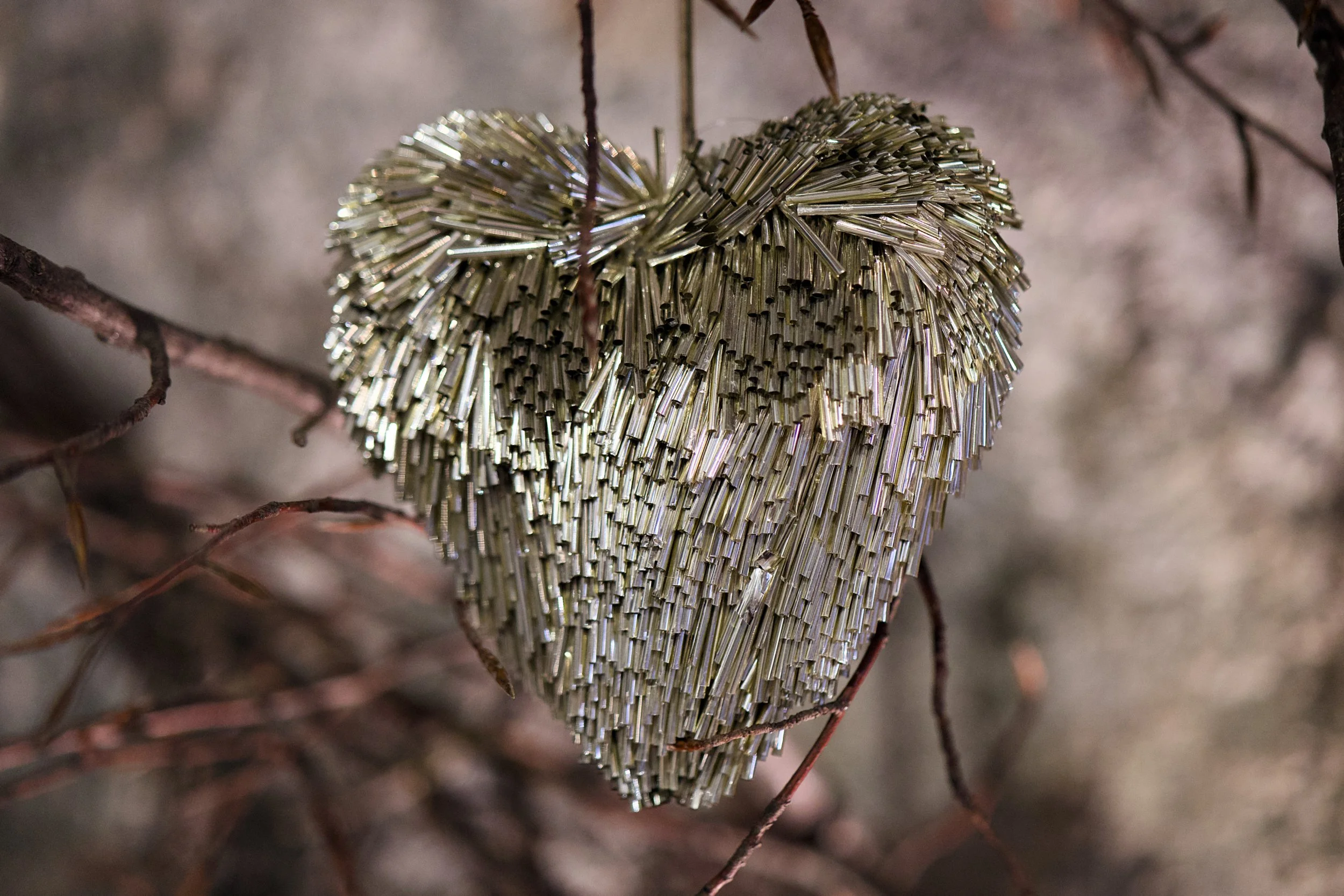 Eine silberne, herzförmige Weihnachtsdekoration aus dünnen Metallstäben hängt an einem Baum.