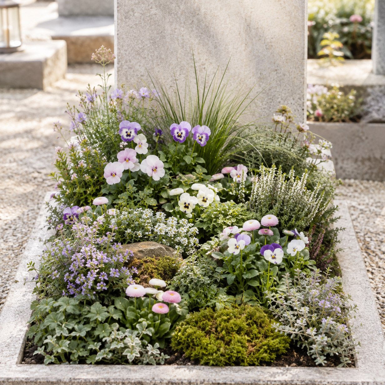 Blumen im Blumenkübel mit violetten, weißen und pinken Blüten auf einem Friedhof