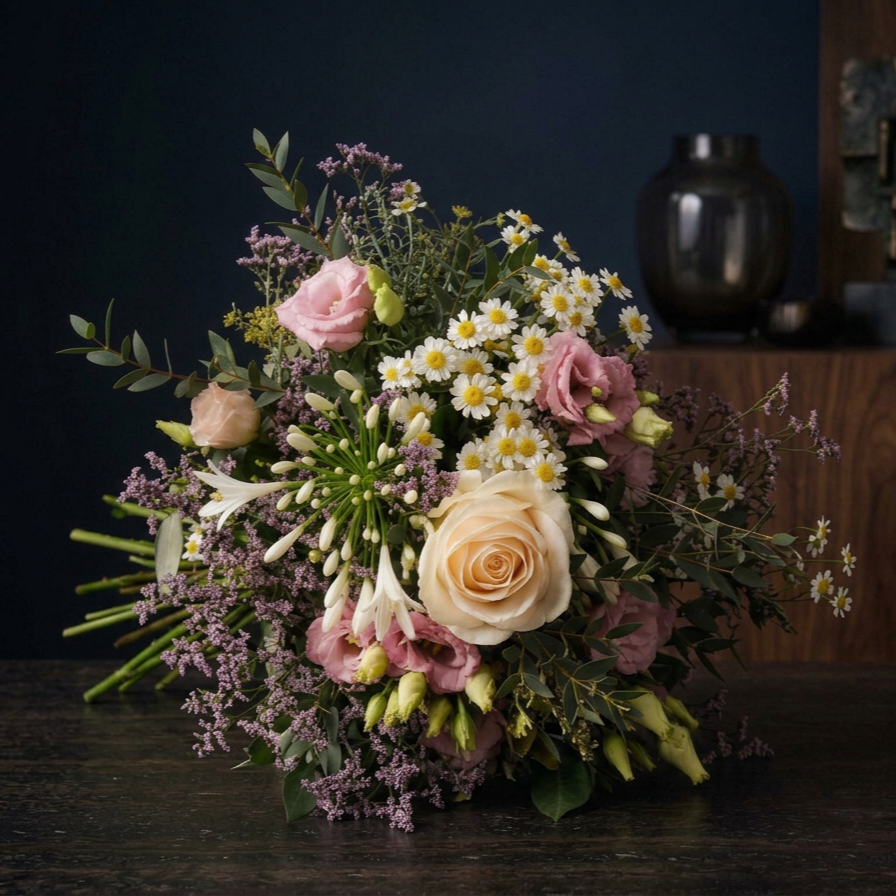 Blumenstrauß mit Rosen, Flieder, Kamille und anderen Blumen auf einem dunklen Holztisch im Hintergrund einer schwarzen Vase.