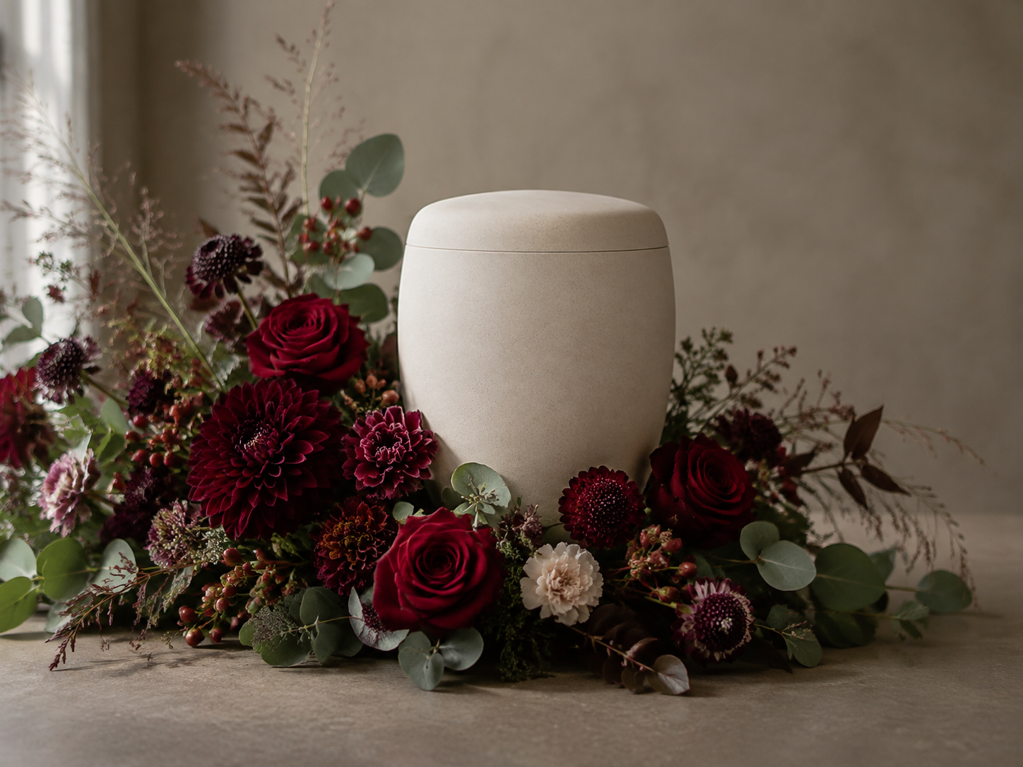 Ein weißer, runder Urne umgeben von roten, dunklen und weißen Blumen sowie grünem Laub, auf einer grauen Oberfläche.