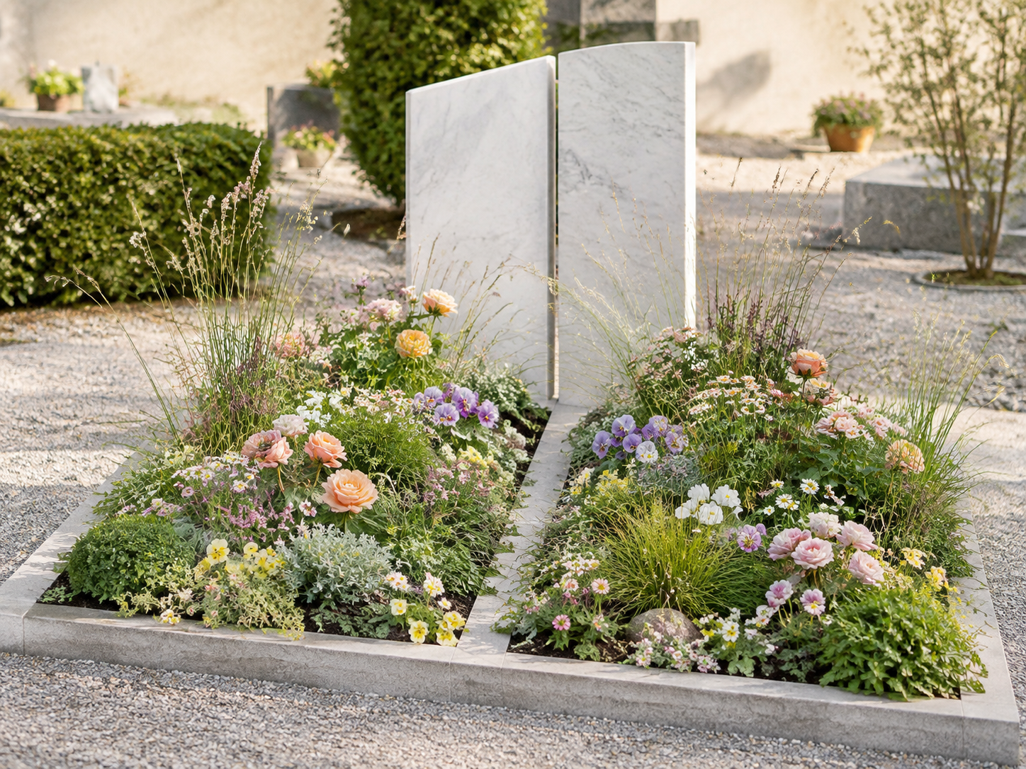 Grab mit bunten Blumen, Gräsern und Steinen auf einem Friedhof mit zwei Glaskreuzen im Hintergrund.