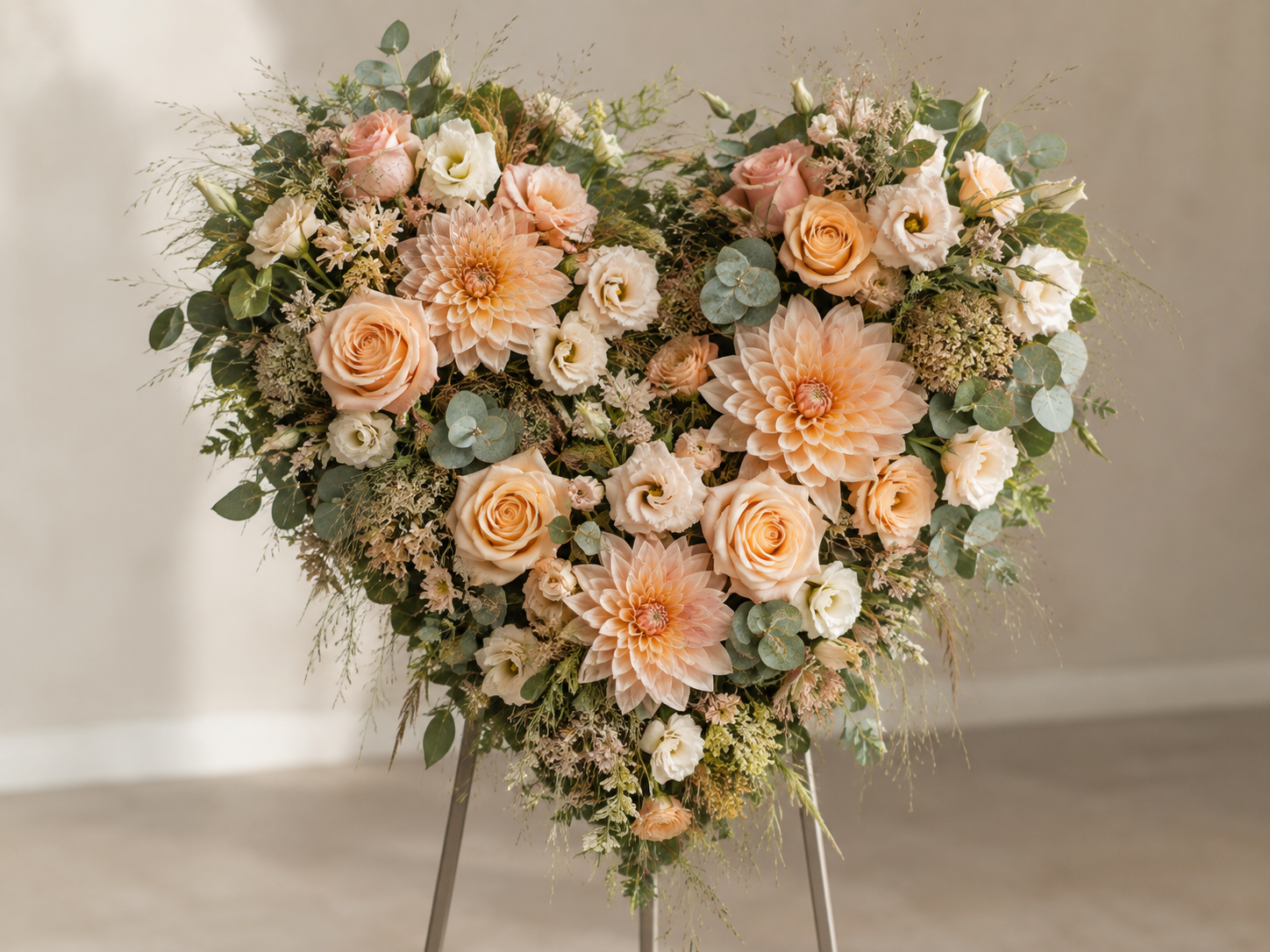Blumenstrauß in Herzform mit Pfingstrosen, Rosen und Eukalyptus auf einem Stativ