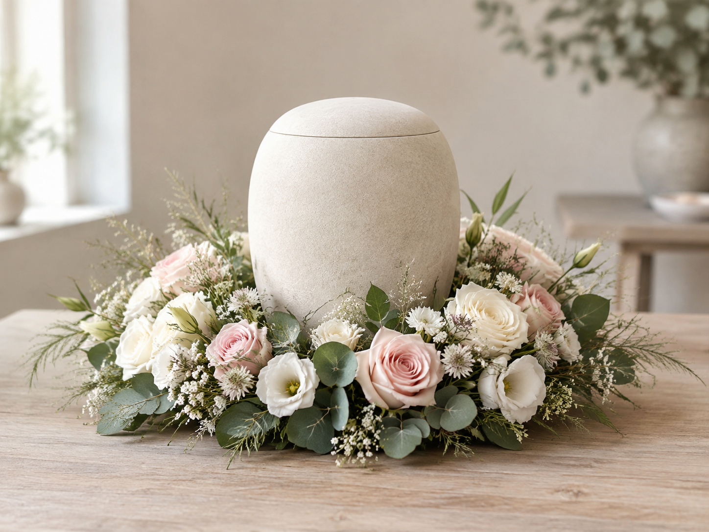 Beerdigungssarg umgeben von weißen und rosa Blumen auf einem Holztisch.