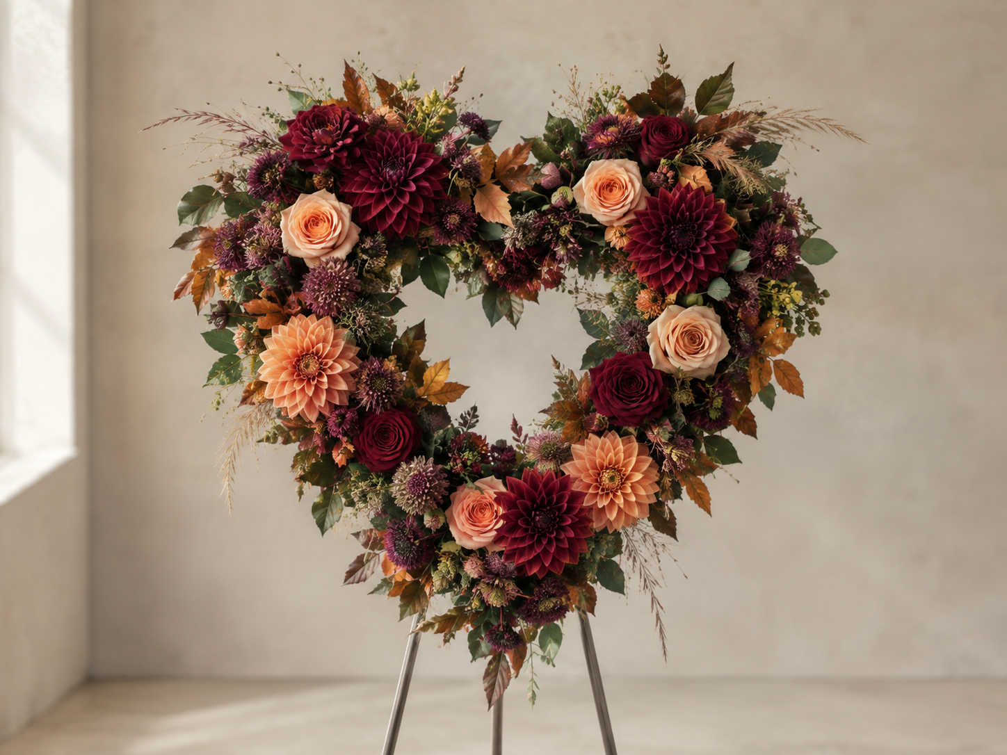 Blumenherz aus roten, rosafarbenen und lila Blumen, mit Herbstlaub, auf einem Ständer