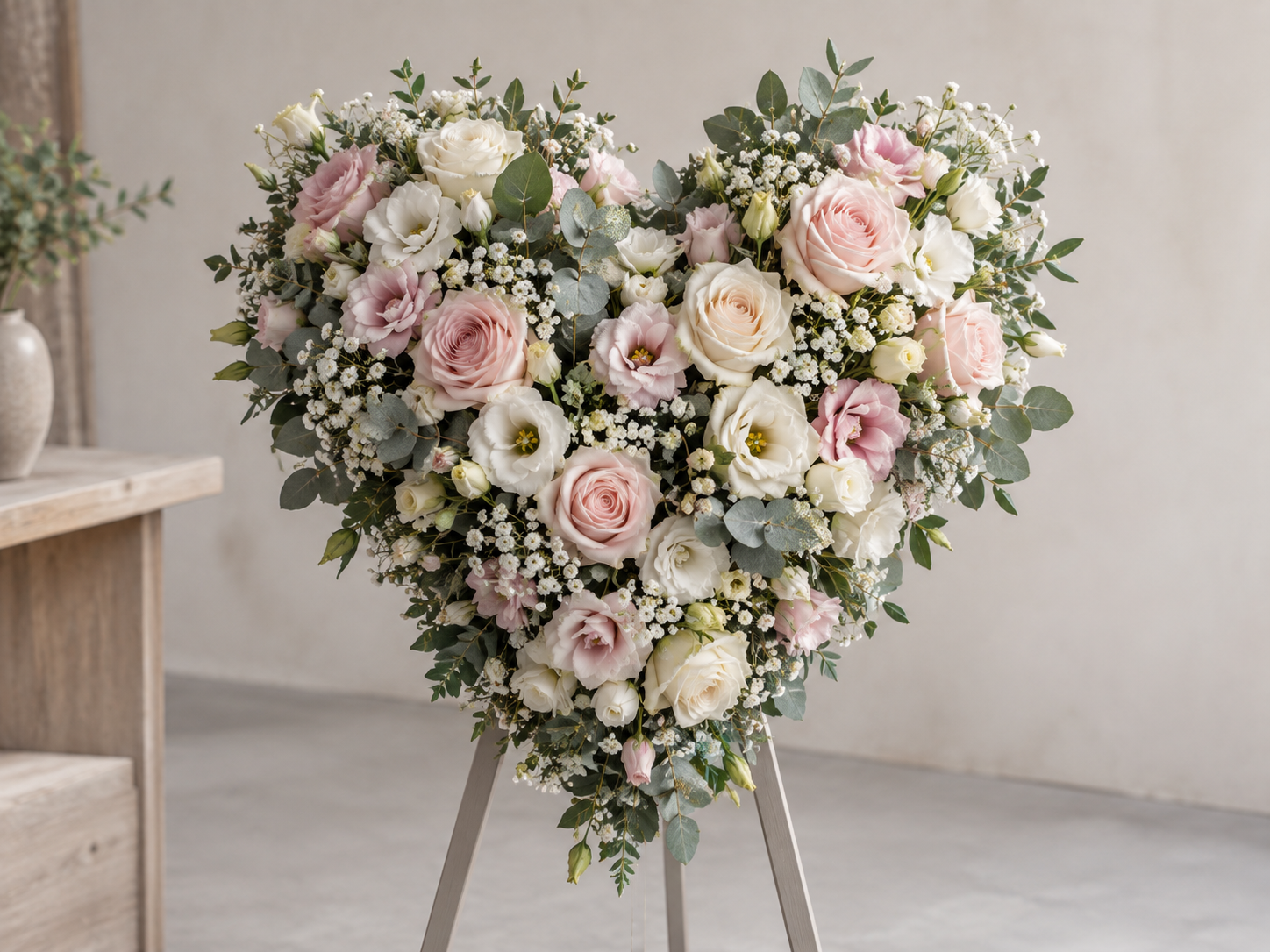 Hochzeitsblumen in Herzform aus weißen, rosa Rosen, Eukalyptus und kleinen weißen Blumen auf einem Ständer, im Hintergrund eine helle Wand.