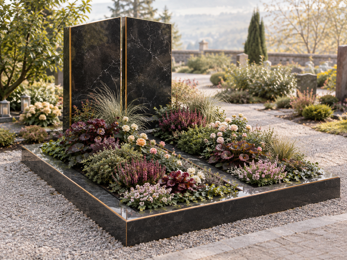 Ein Grab mit schwarzen Marmorplatten, umgeben von bunten Blumen im Garten eines Friedhofs.