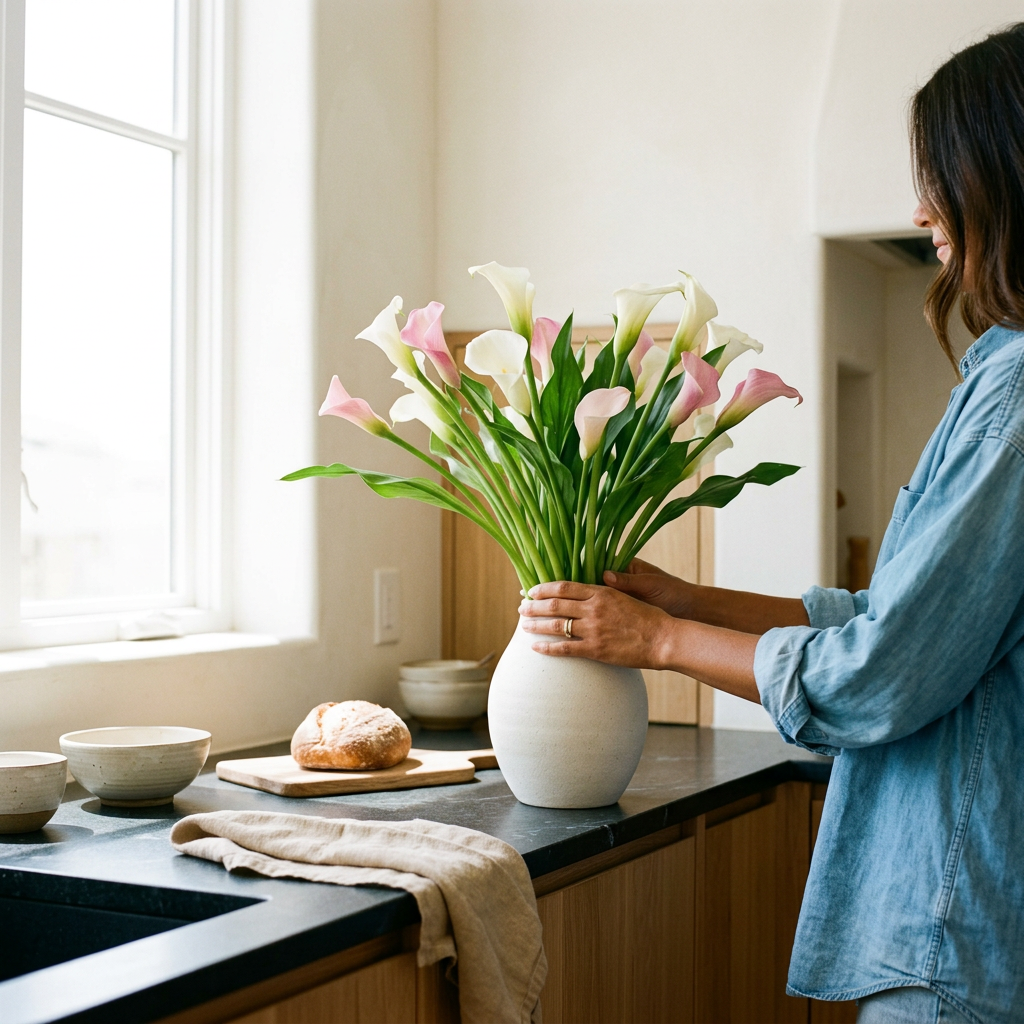 Eine Frau stellt eine Vase mit weißen und rosa Calla-Blumen in die Küche.