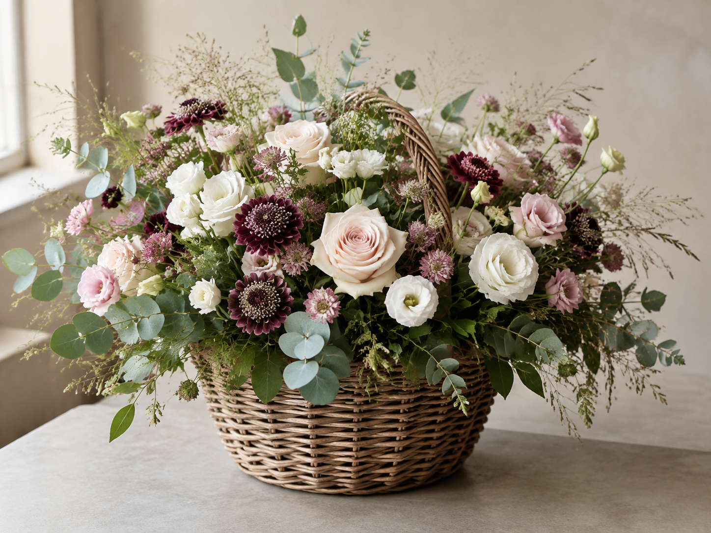 Blumenstrauß in einem Korb mit Rosen, Eukalyptus und anderen Blüten auf einem Tisch, helle Beleuchtung.
