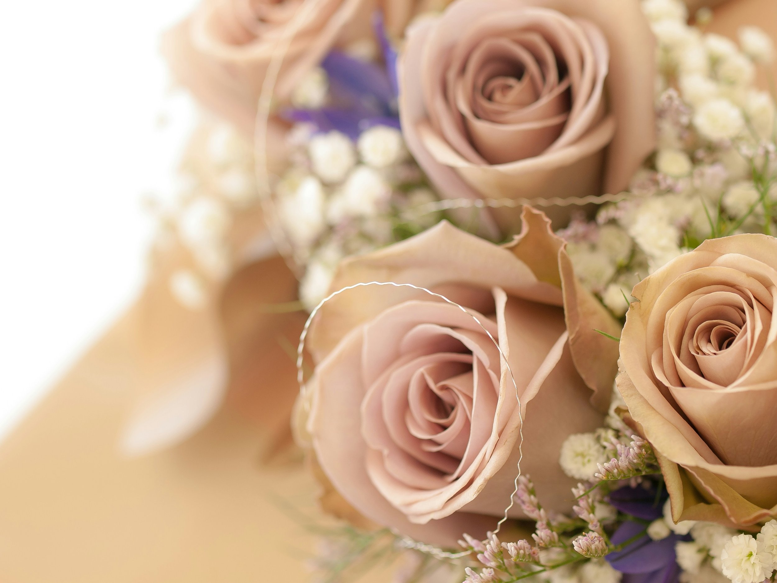Nahaufnahme eines Blumenbouquets mit rosa Rosen, kleinen weißen Blümchen und lila Akzenten.