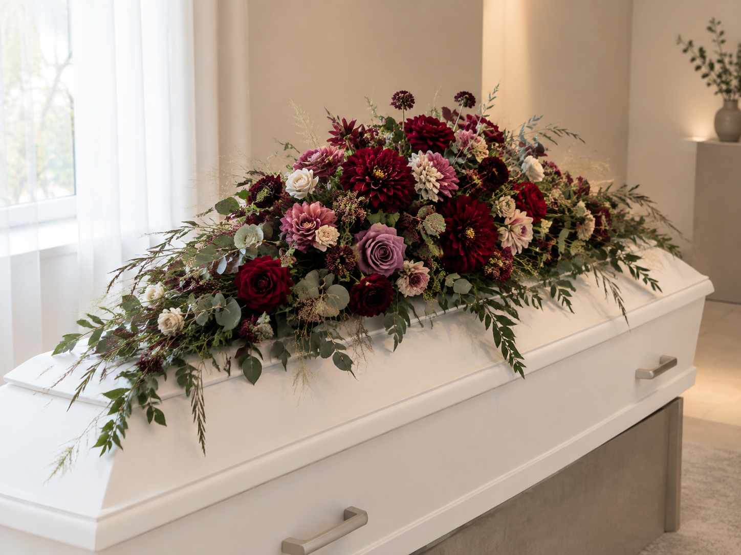 Ein Sarg mit einer Blumenarrangement aus roten, weißen, rosa und lila Blumen auf einem weißen Möbelstück, im Hintergrund ein Fenster mit weißen Vorhängen