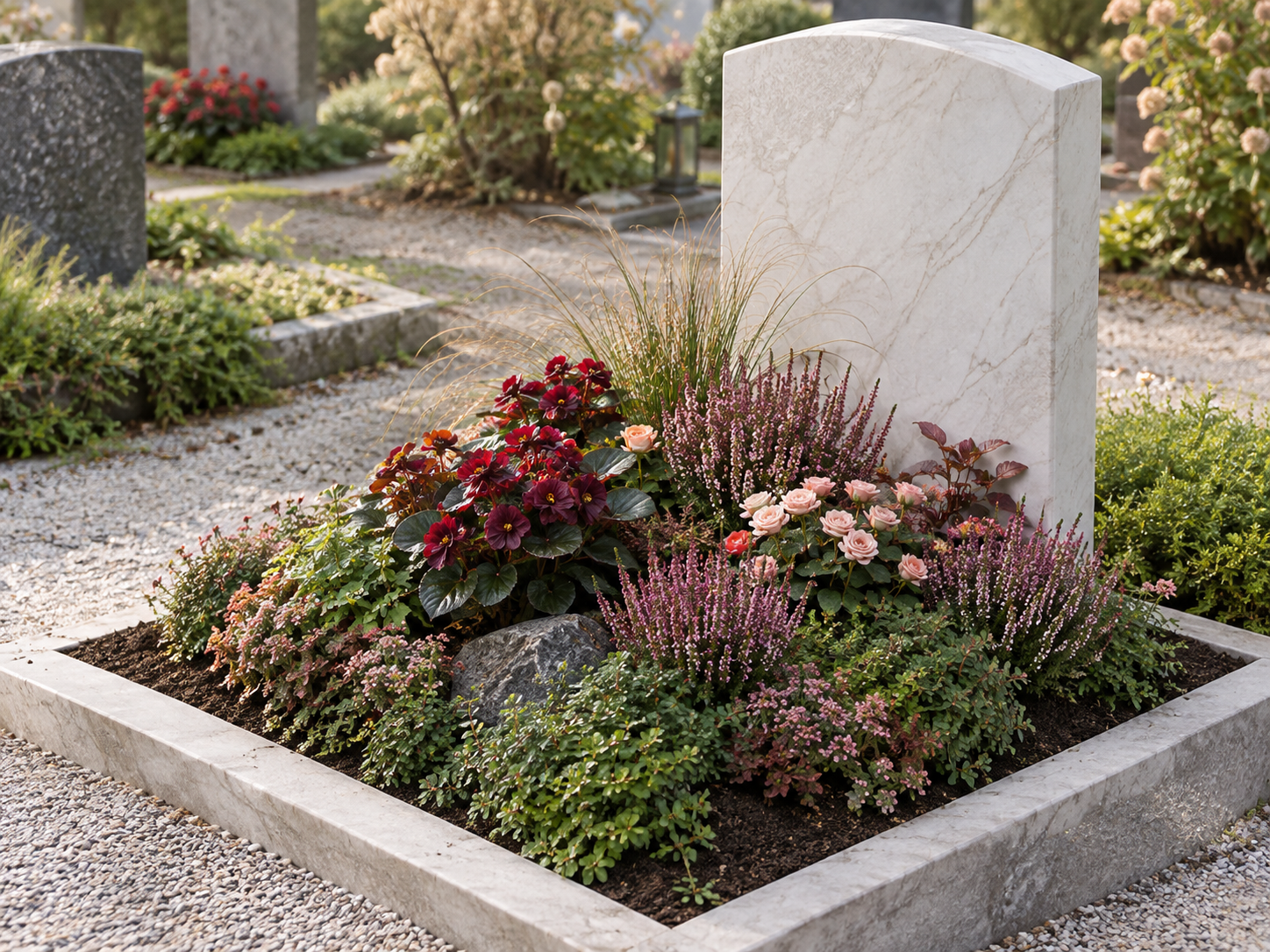 Blumenbegrünter Grabstein in einem Friedhof, umgeben von bunten Blumen und Pflanzen.