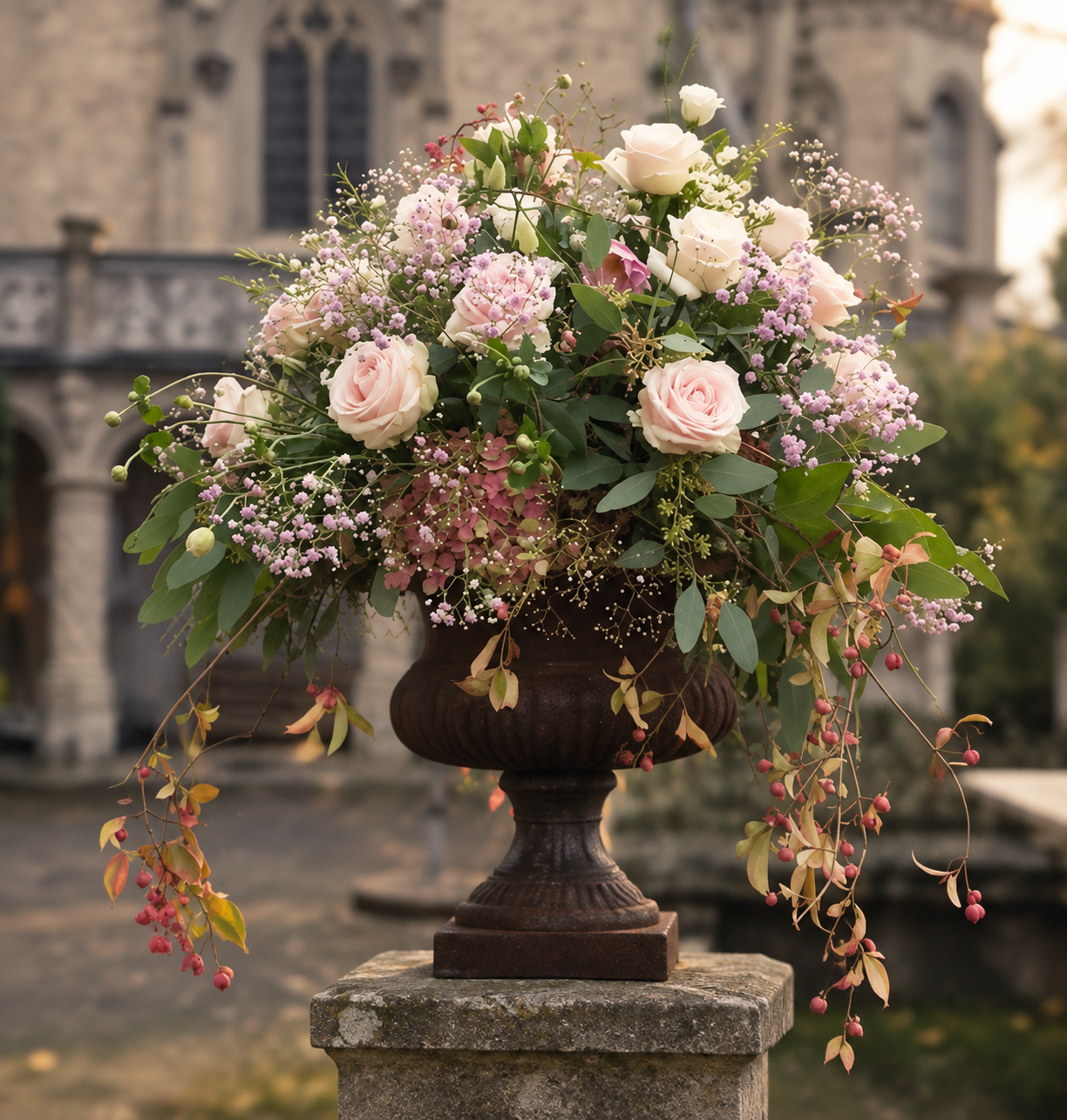 Blumenstrauß aus rosa und weißen Rosen, kleinen lila Blüten und grünem Laub in einer alten Vase vor einer historischen Kirche.