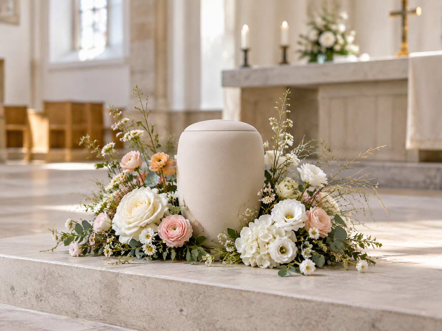 Blumengruß mit weißen, rosa und peachfarbenen Blumen vor einem Sarg in einer Kirche.