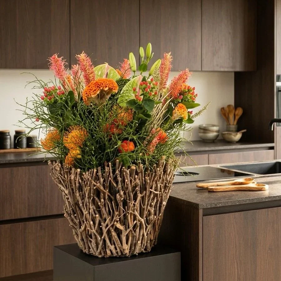 Blumenvase mit orangefarbenen und pinkfarbenen Blumen in einer modernen Küche.