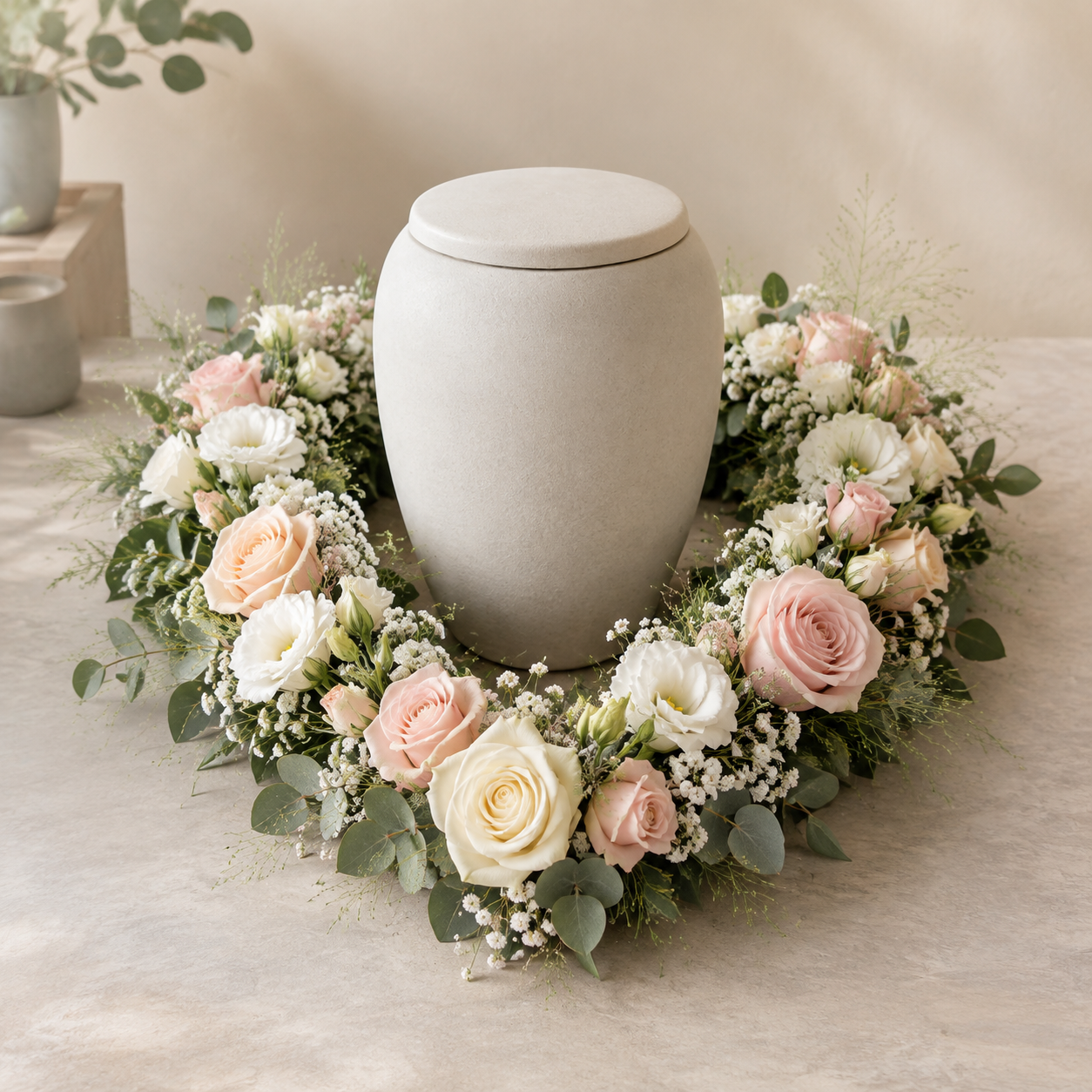 Ein Sarg inmitten eines kreisförmigen Blumenarrangements mit rosa, weißen Rosen und Grünblättern.