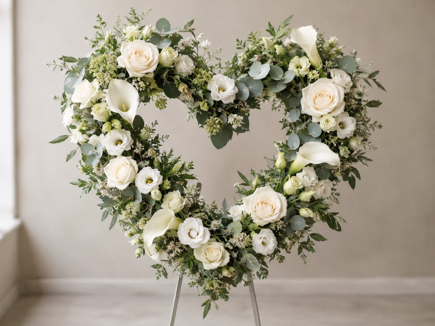 Blumenherz aus weißen Rosen, Calla, Eukalyptus und anderen Pflanzen auf einer leichten Wand