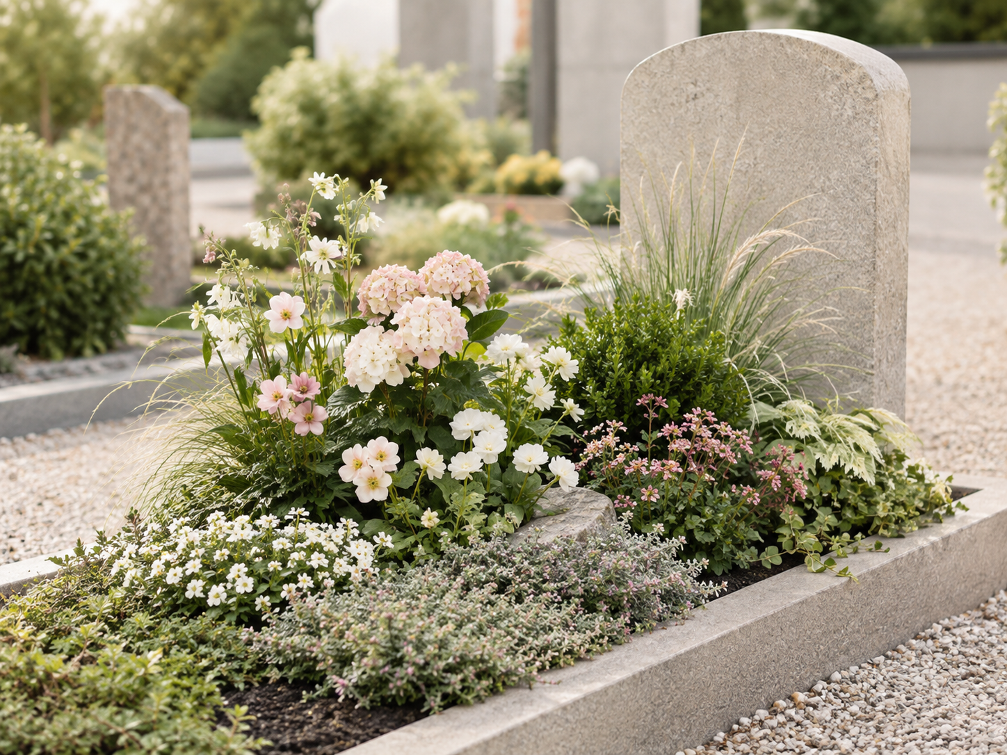 Blumenbeet mit verschiedenen Blumen und Pflanzen, umgeben von Kies und Grenzmauer.