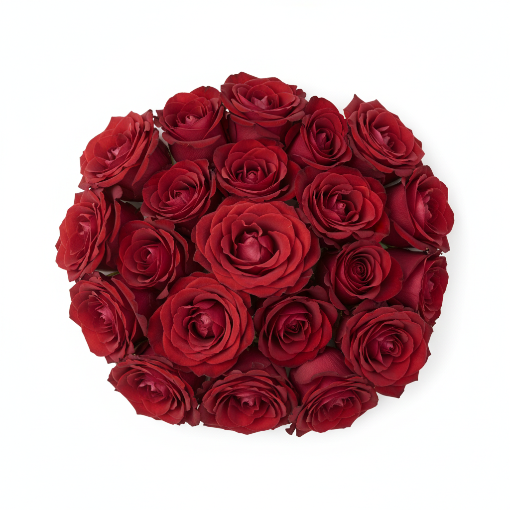 Ein Bouquet aus roten Rosen auf weißem Hintergrund.