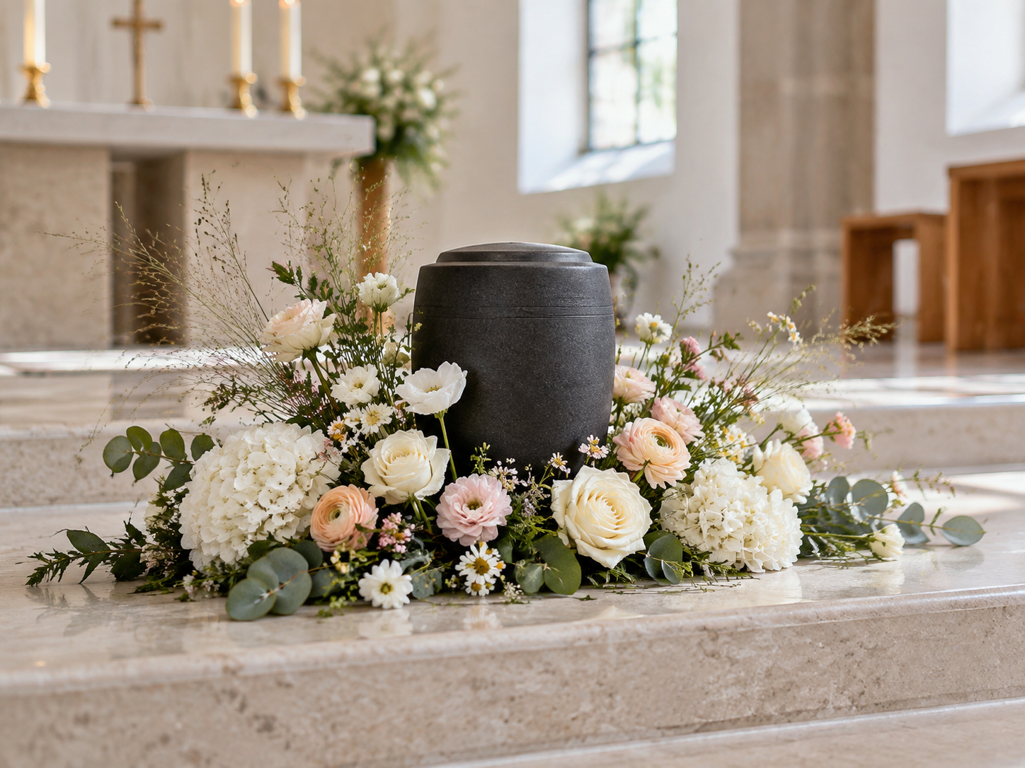 Ein schwarzer Sarg in einer Kirche, umgeben von Blumen in Pastellfarben, auf einer Steinplatte