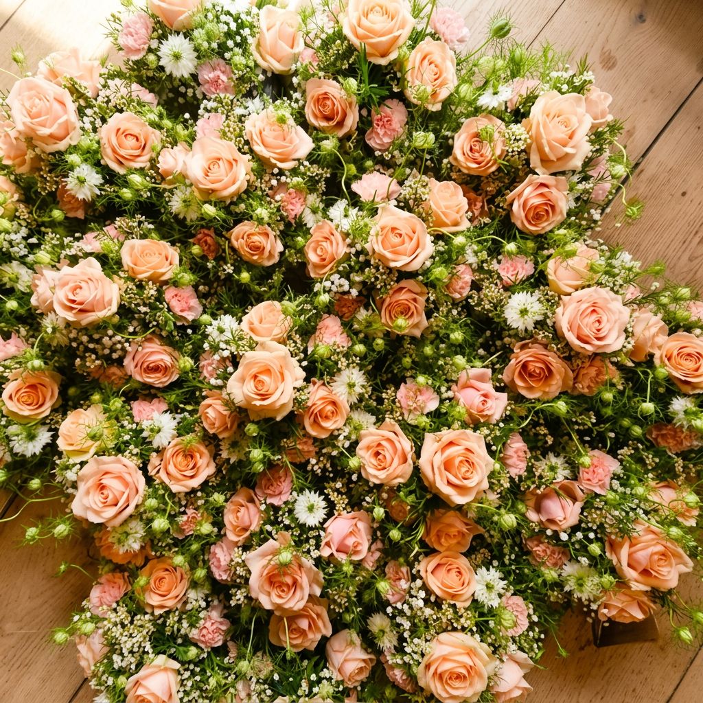 Ein Blumenarrangement mit vielen hellrosa Rosen, weißen und pinken Blumen, grünem Blattwerk auf einem Holzuntergrund.