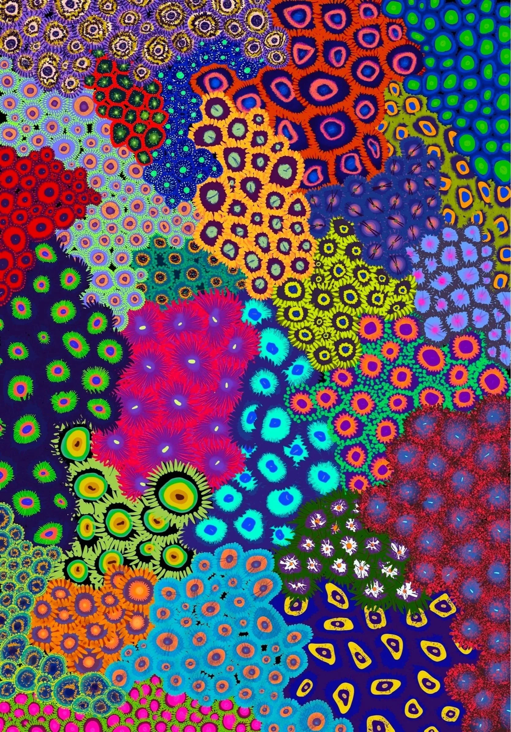 A colorful array of abstract, circular floral designs with vibrant hues of red, yellow, green, blue, and purple, overlapping and arranged in densely packed patterns.