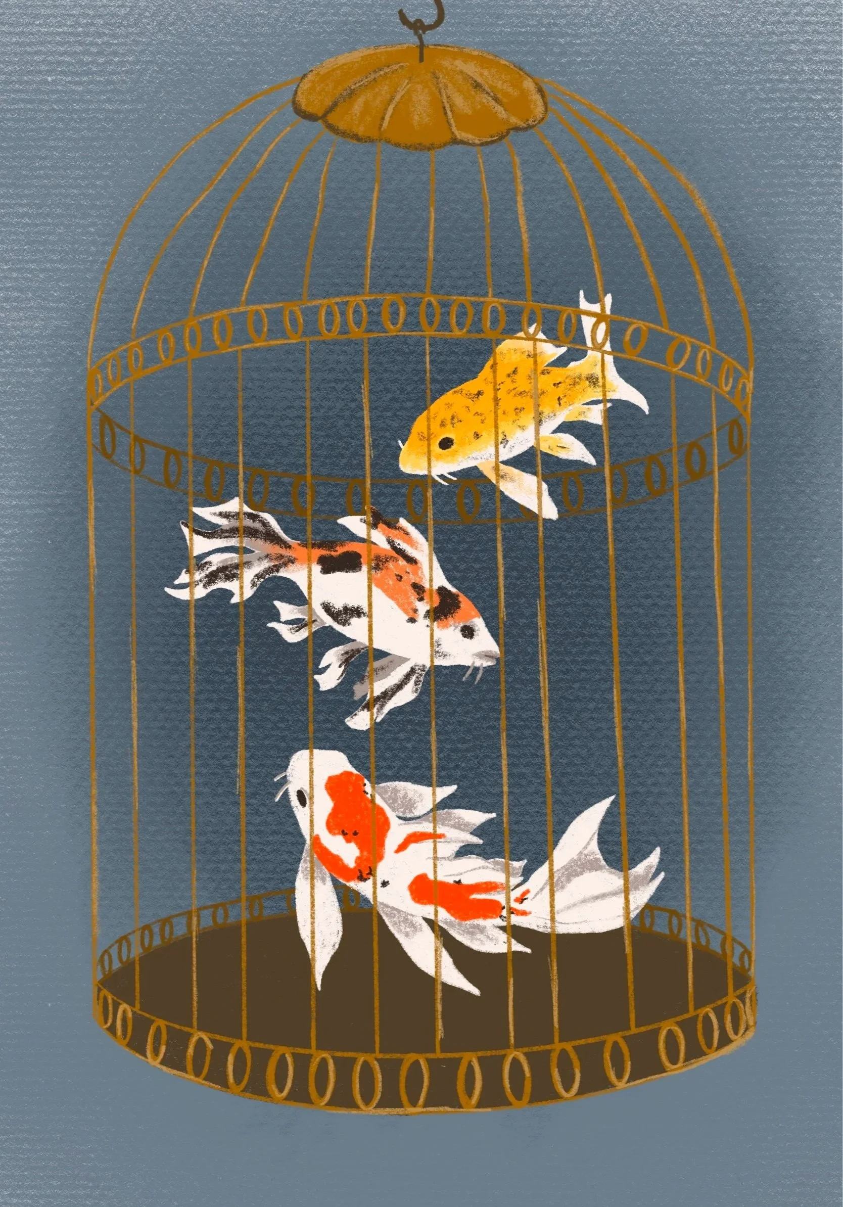 Illustration of a goldfish tank with a large, yellow goldfish inside, viewed through a golden cage with a brown lid on top.