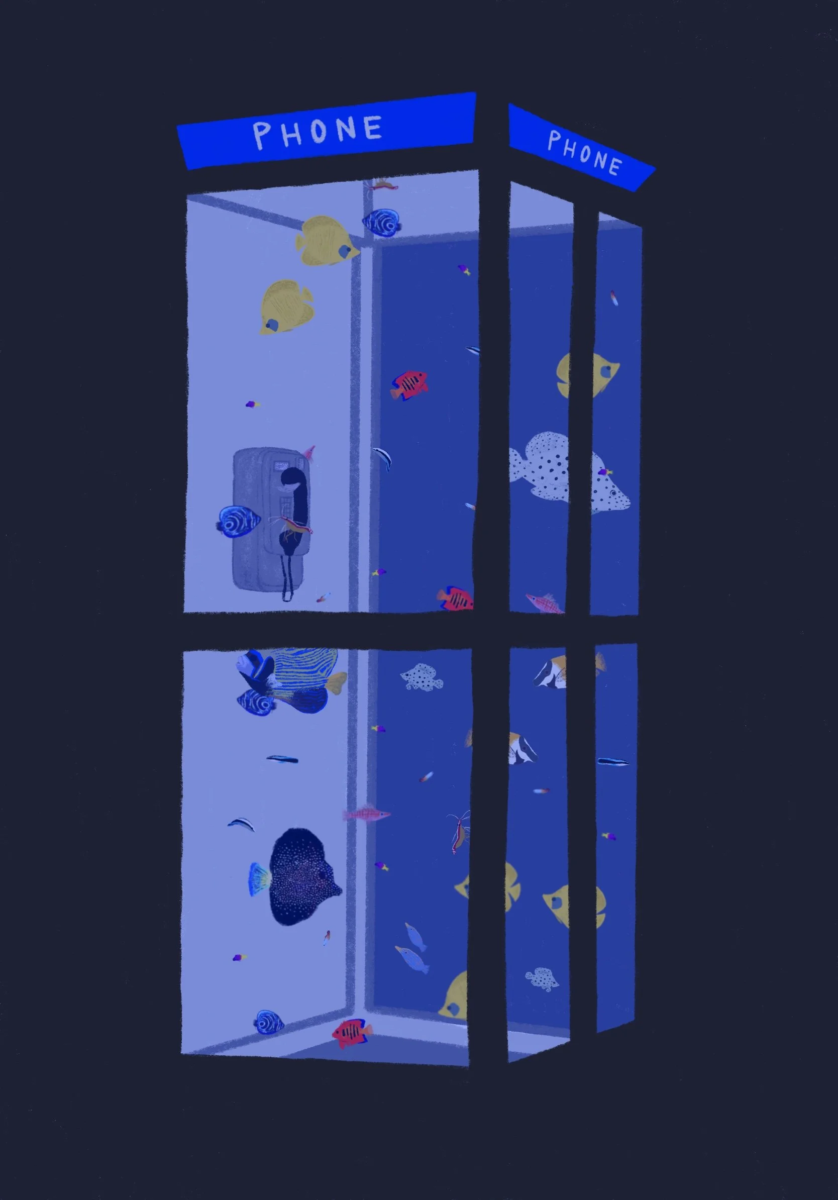 An illustration of an aquarium with various colorful fish inside, with two blue phone booths labeled 'PHONE' at the top, viewed through a dark frame.