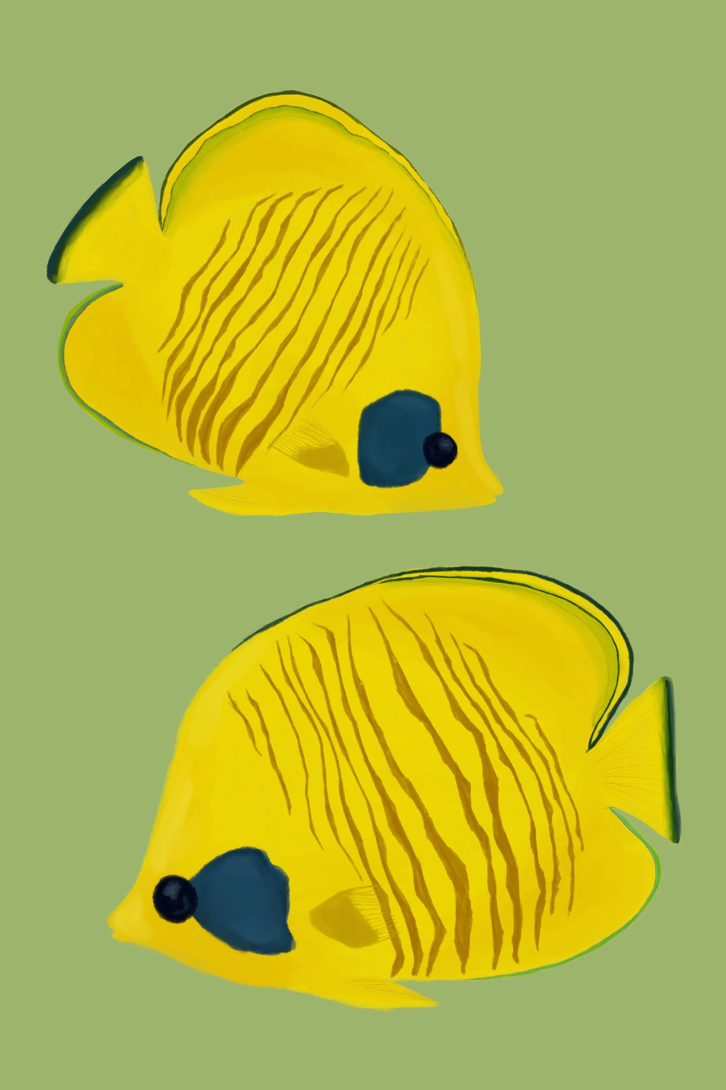 Digital illustration of a yellow fish with black spots, pointed fins, and a black eye, set against a muted green background.