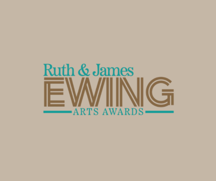 Logo for the Ruth & James Ewing Arts Awards with teal and brown text on a beige background.