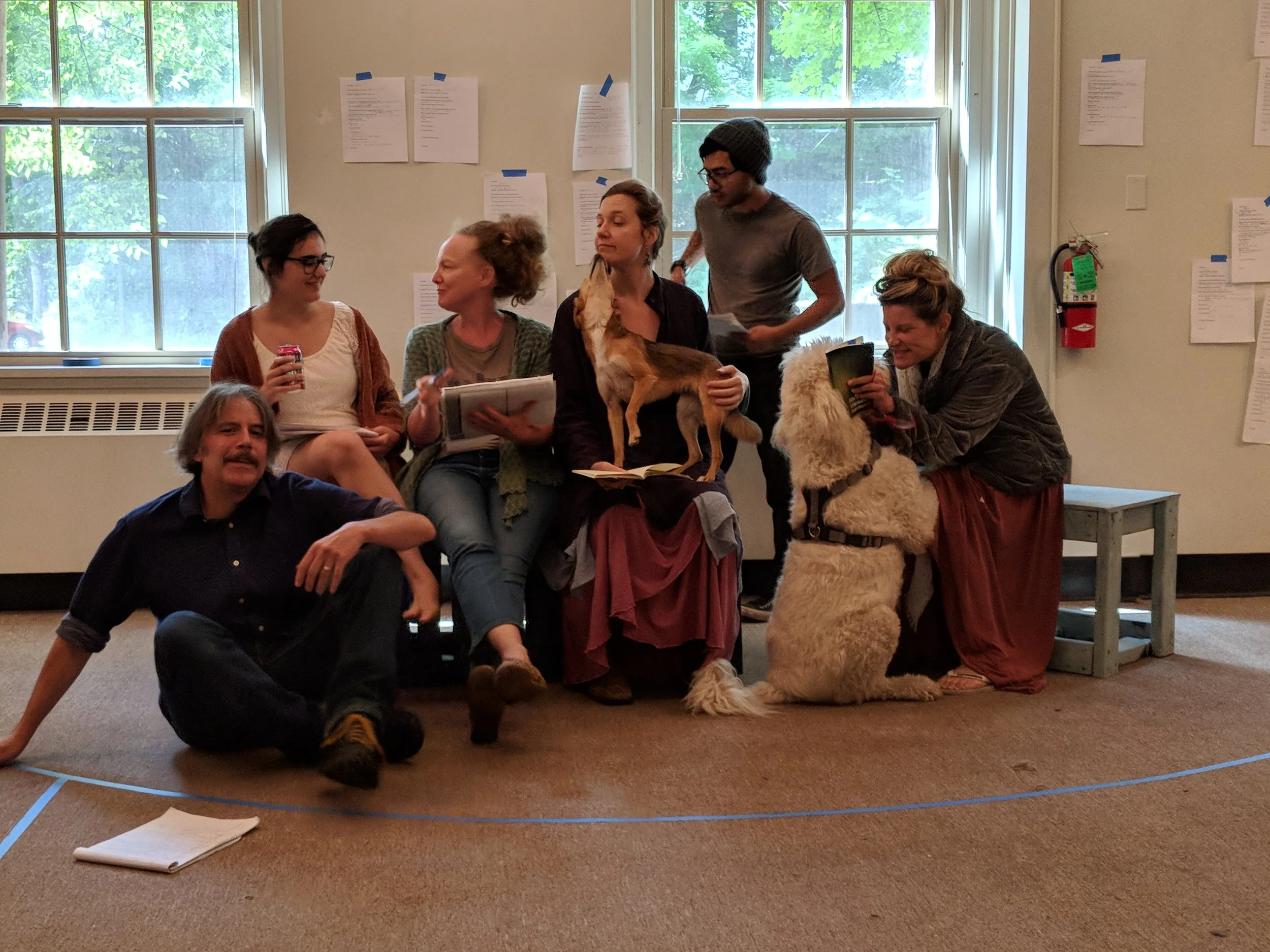 A group of seven people and two dogs gathered in a room with large windows, papers taped to the walls, and a fire extinguisher. Some individuals are sitting on a bench, one is sitting on the floor, and others are standing or sitting on a small table.